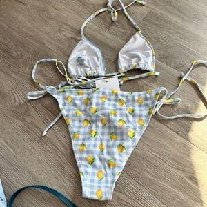 Betty Jade Swim Bikini Set‎ Blue Gingham Lemon PrintTriangle Top M BottomsXL